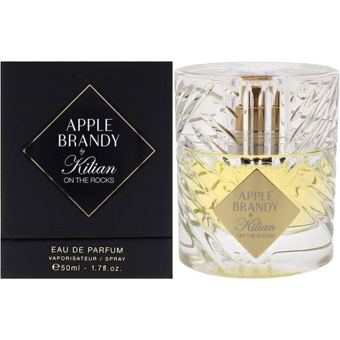 An EDP 50mL bottle of Apple Brandy on the Rocks fragrance by Kilian along with its Box