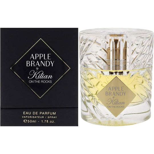 An EDP 50mL bottle of Apple Brandy on the Rocks fragrance by Kilian along with its Box