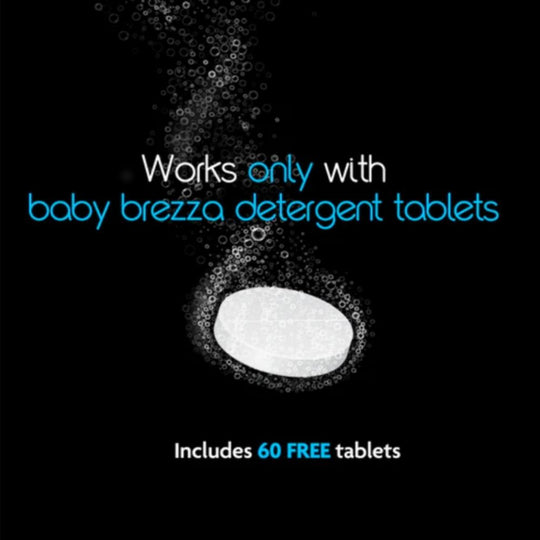 Baby brezza detergent tablet with text on a black background