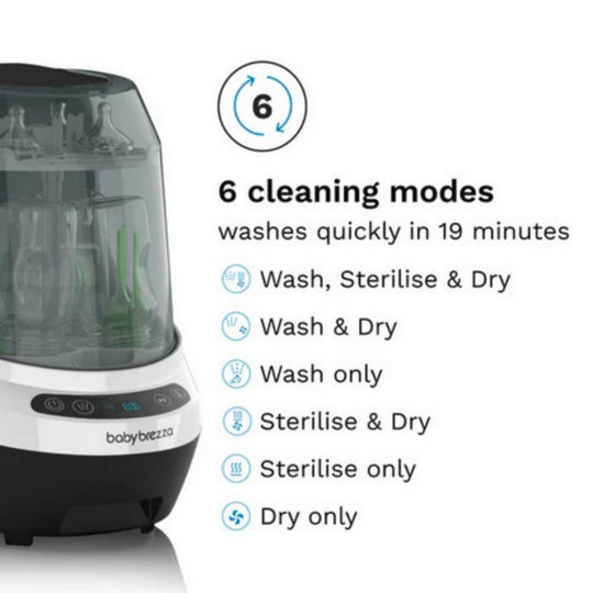 Baby Brezza Bottle Washer Pro with cleaning mode options on a white background