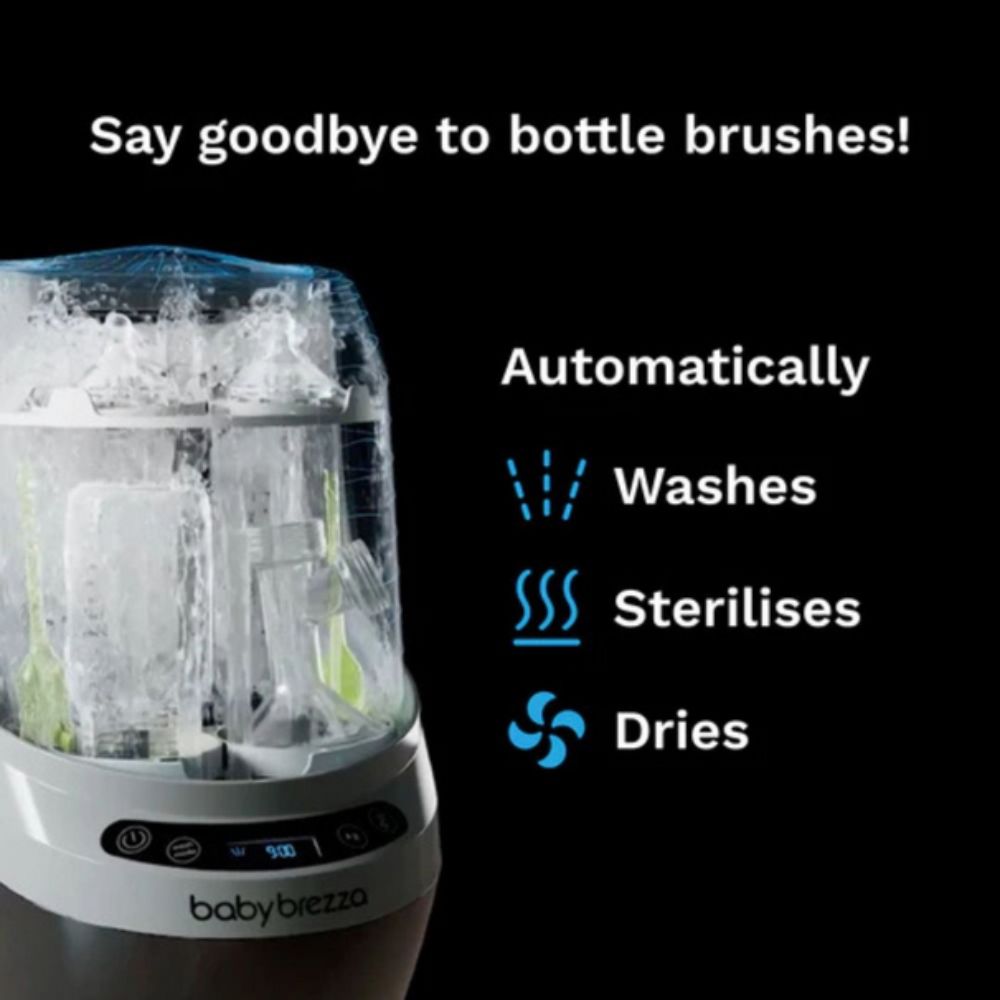 Baby bottle cleaning device with text 'Say goodbye to bottle brushes!' and features listed.