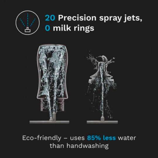 Eco-friendly milk dispenser with water spray and text on a black background