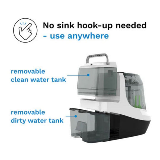 Portable washing machine with text indicating no sink hook-up needed and removable water tanks.