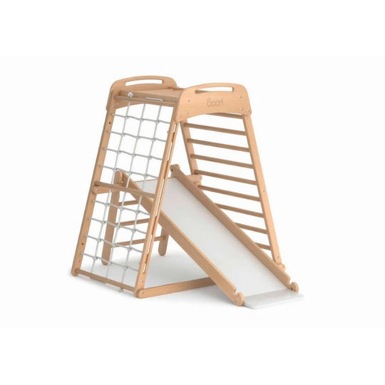 Wooden children's play structure with slide on a white background