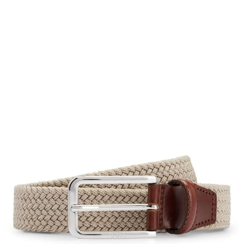 BOSS Men's Italian-Made Woven Belt with Leather Trim and Silver Buckle