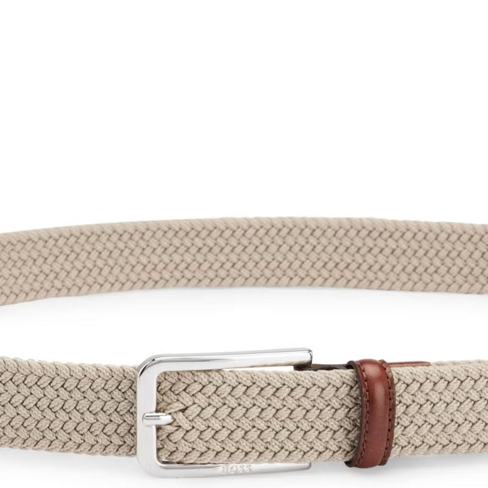 BOSS Men's Italian-Made Woven Belt with Leather Trim and Silver Buckle