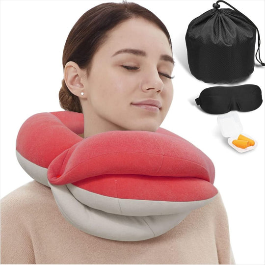 BUYUE Skin-Friendly Travel Neck Pillow for Long Flights with Eye Mask & Earplugs