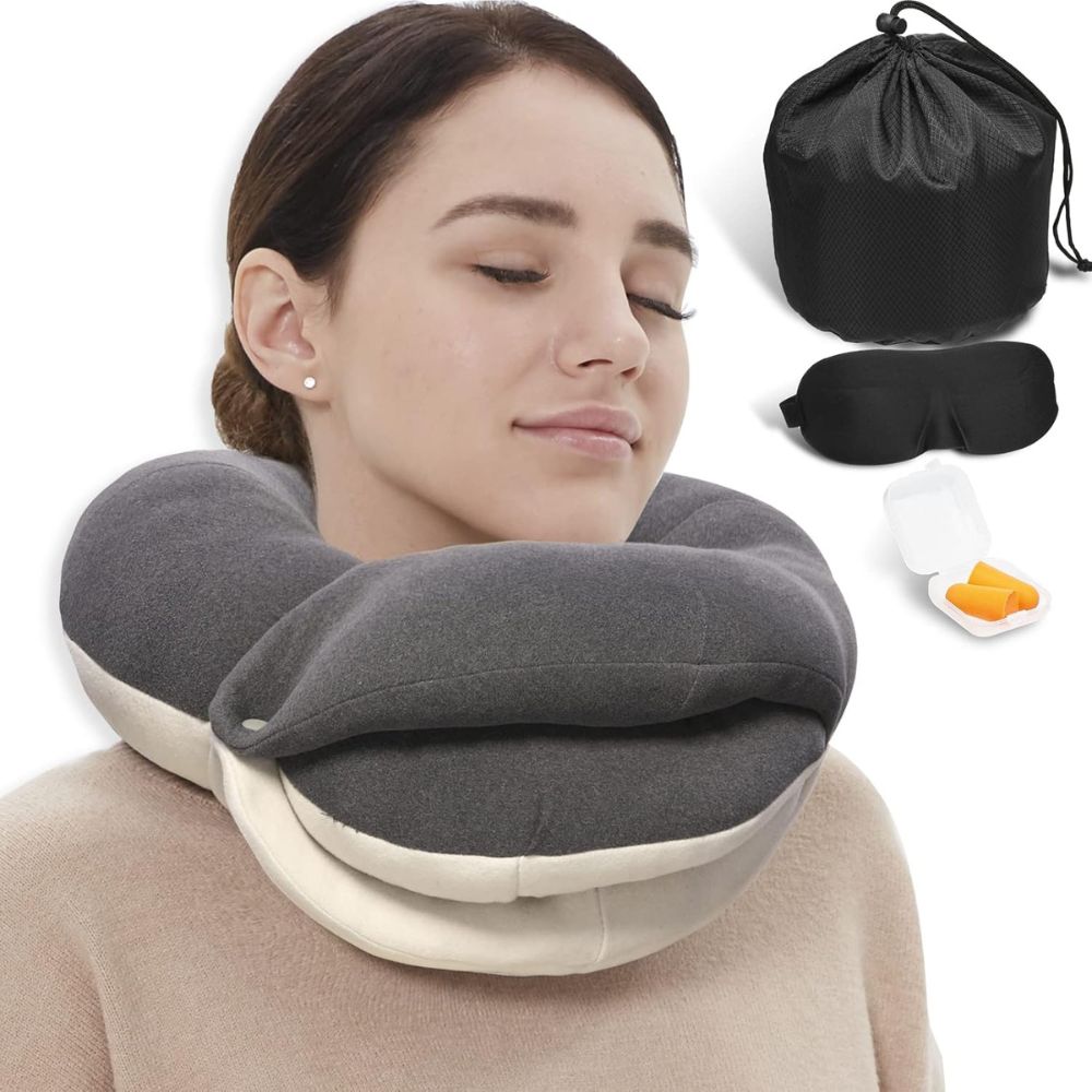 BUYUE Skin-Friendly Travel Neck Pillow for Long Flights with Eye Mask & Earplugs