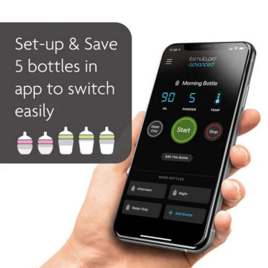 Smartphone displaying an app interface for managing baby bottles with text 'Set-up & Save 5 bottles in app to switch easily'.