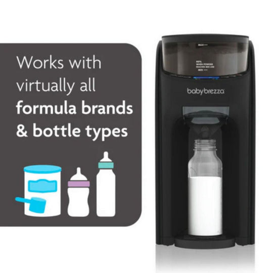 Black baby formula dispenser with text and illustrations on a white background