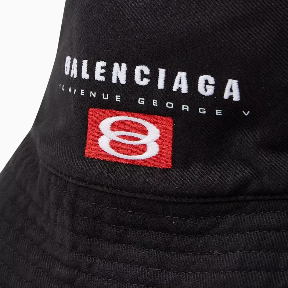 Close up image of the Embroidery on Balenciaga Unisex All Seasons Black Cotton Bucket Hat