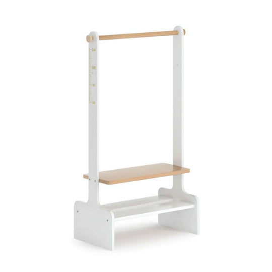 Children's White Clothing Rack with wooden shelf and bar on a white background