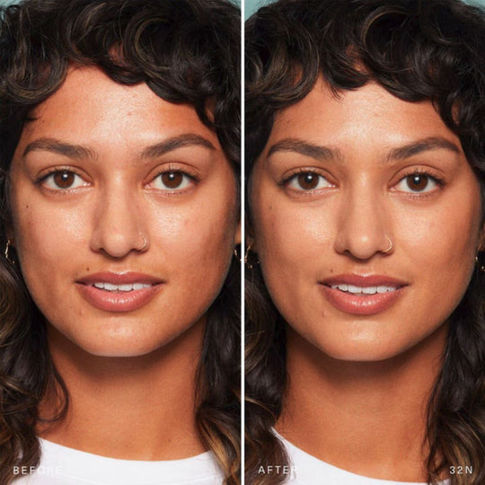 A diptych showing a "Before" and "After" comparison of a person's face, likely demonstrating a makeup product. On the left, the "Before" image shows a person with naturally textured, dark curly hair, light brown eyes, and a warm skin tone with some visible skin imperfections. On the right, the "After" image shows the same person with a smoother, more even complexion, suggesting the application of a base makeup product.
