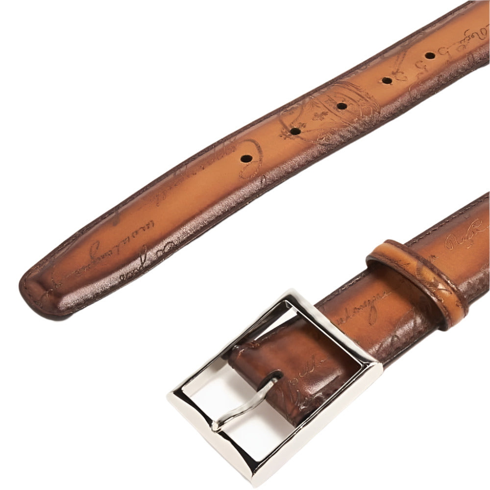 Berluti Men's Classic Scritto Brown Leather Belt