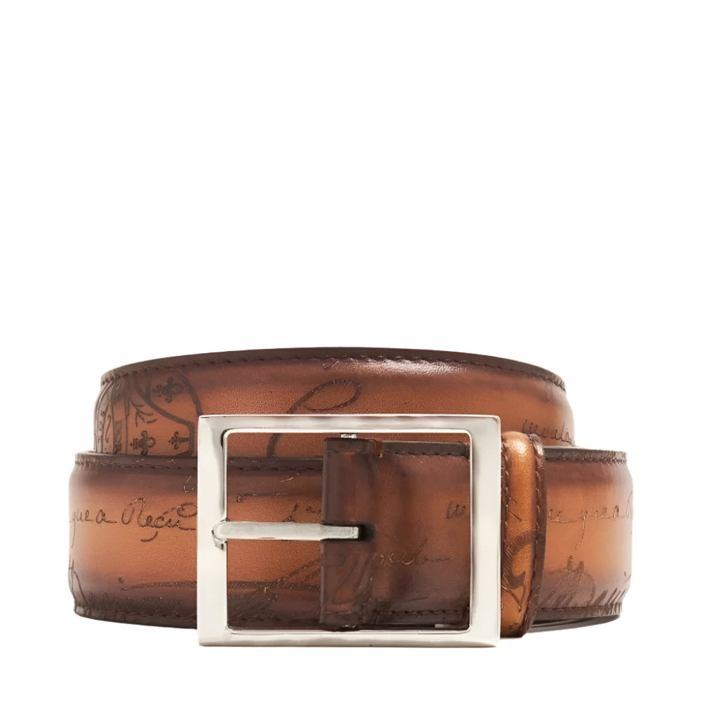 Berluti Men's Classic Scritto Brown Leather Belt