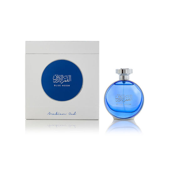 An EDP 100mL bottle of Blue Moon by Arabian Oud along with its Box