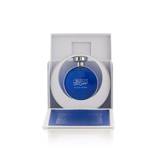 An EDP 100mL bottle of Blue Moon by Arabian Oud along with its Box