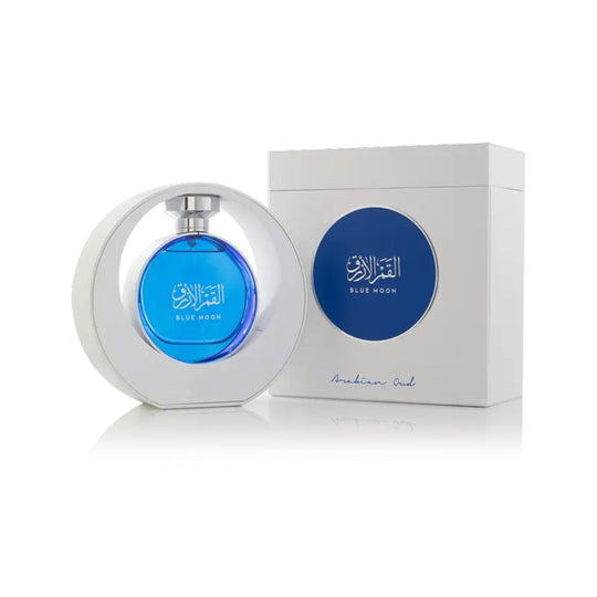 An EDP 100mL bottle of Blue Moon by Arabian Oud along with its Box