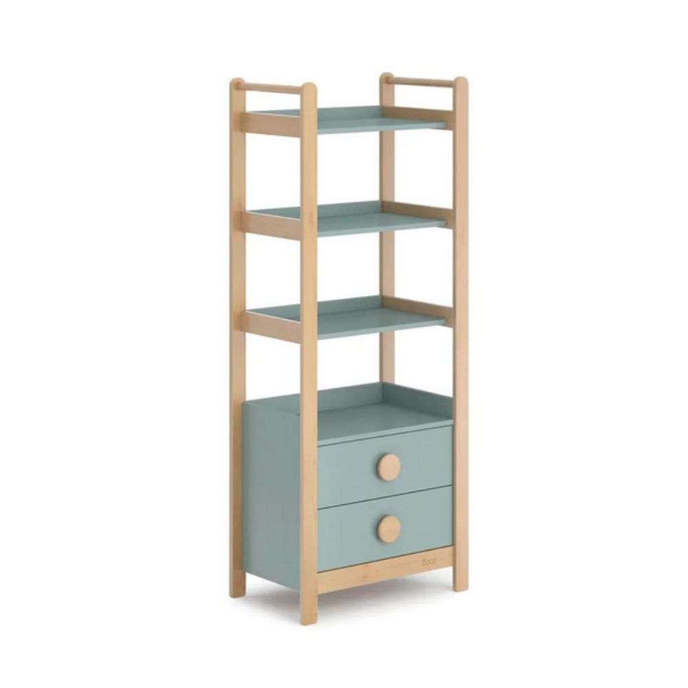 Wooden shelf with light blue shelves and drawers on a white background