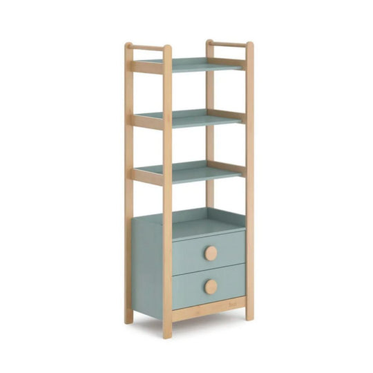 Wooden shelf with light blue shelves and drawers on a white background