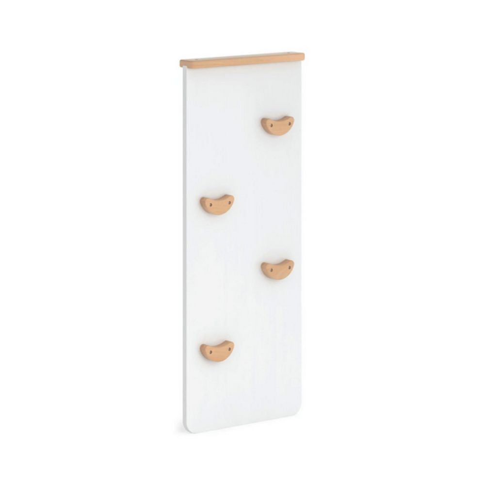White wall-mounted coat rack with wooden hooks on a white background