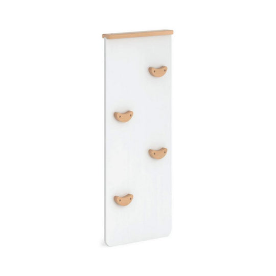 White wall-mounted coat rack with wooden hooks on a white background
