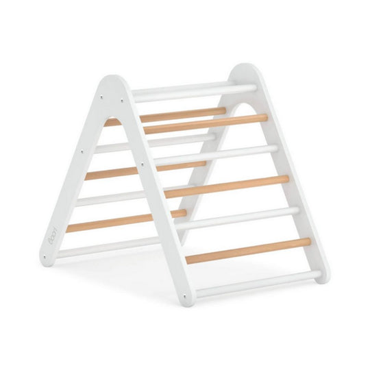White and wooden children's play pyramid on a white background