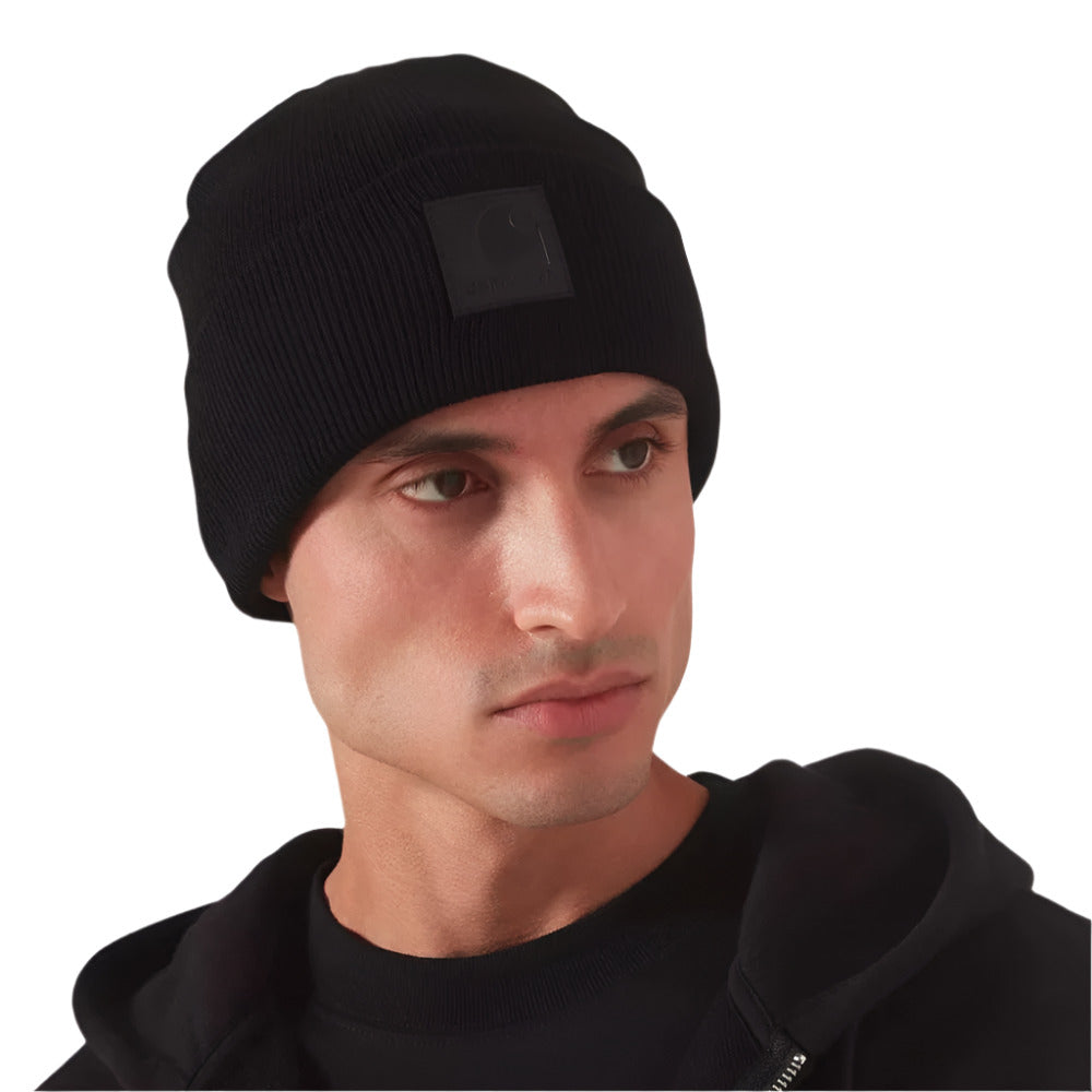 A model wearing Carhartt WIP Eldon Soft Acrylic Ribbed Knit Black Workwear Beanie