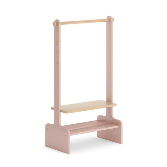 Pink and beige children's shelf with a clothes bar on a white background