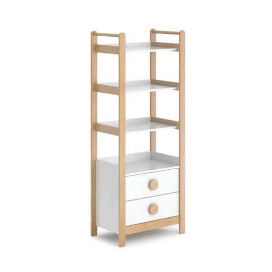 Wooden shelf with white drawers on a white background