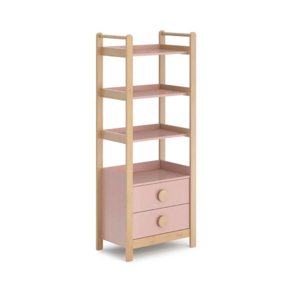 Wooden shelf with pink accents on a white background