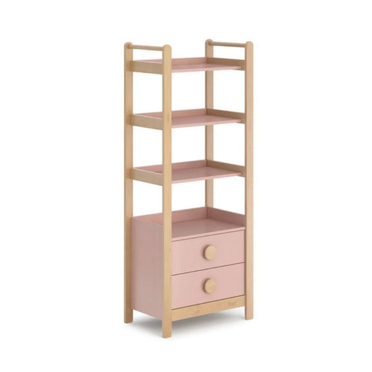Wooden shelf with pink accents on a white background