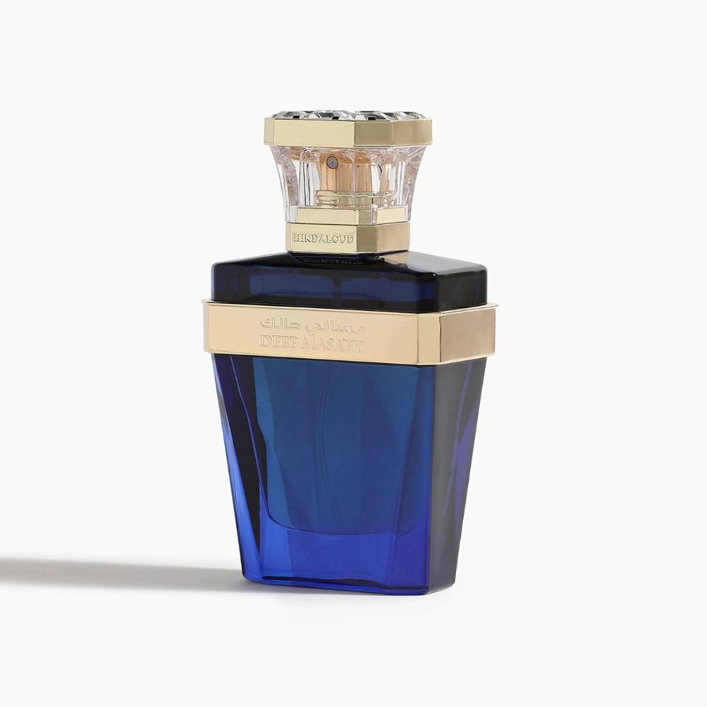 A Side angle view of 50mL parfum bottle of Deep Masa'ey Parfum by Hind Al Oud