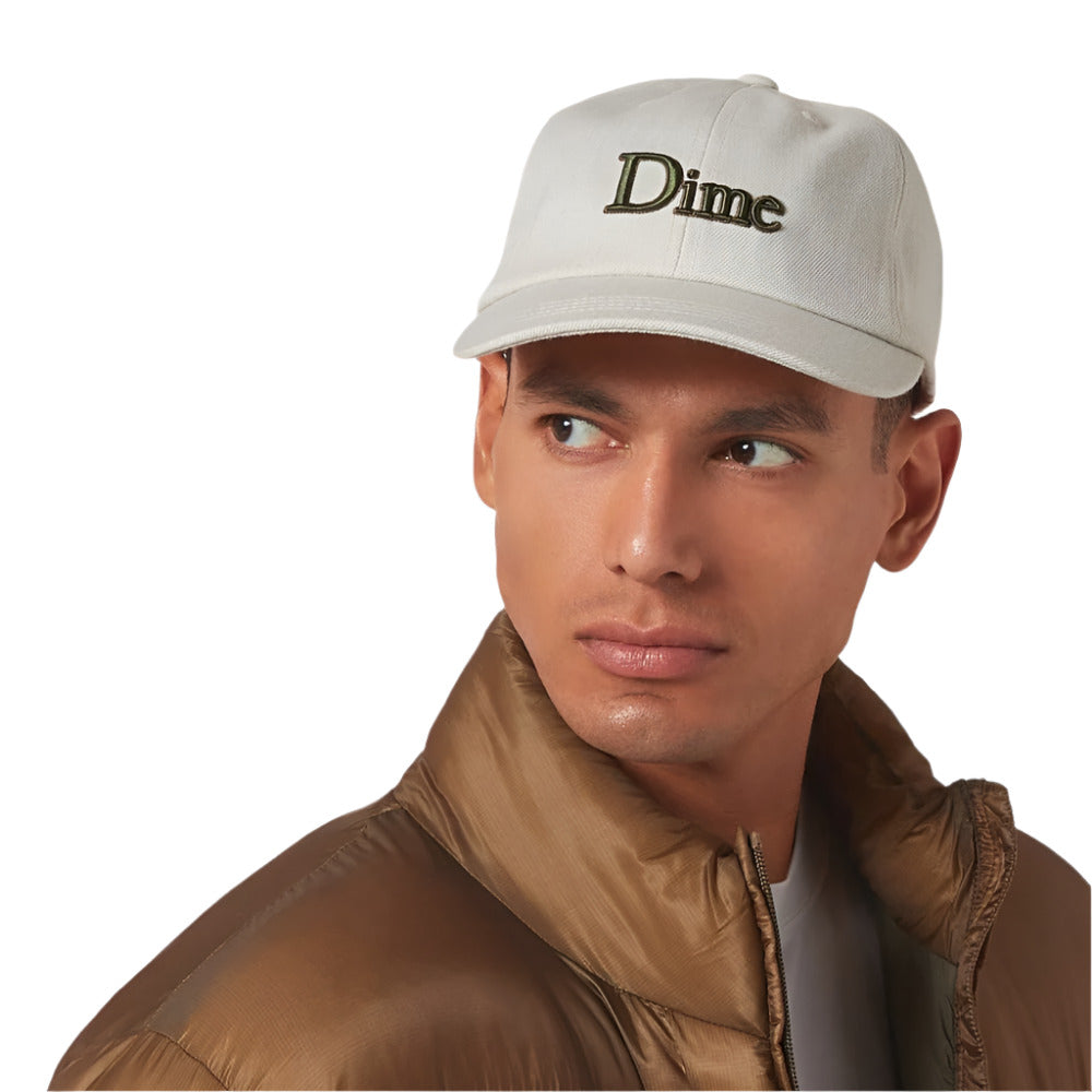 A model wearing Dime Classic Wool Blend Ivory Grey Low Pro Cap with Embroidered Logo