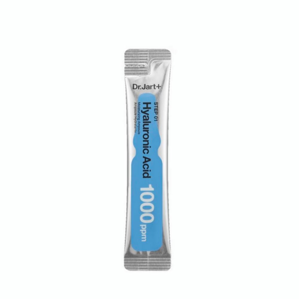 A white, slender pouch with the text "STEP 01 Hyaluronic Acid 1000 ppm" and "Dr.Jart+" on it.