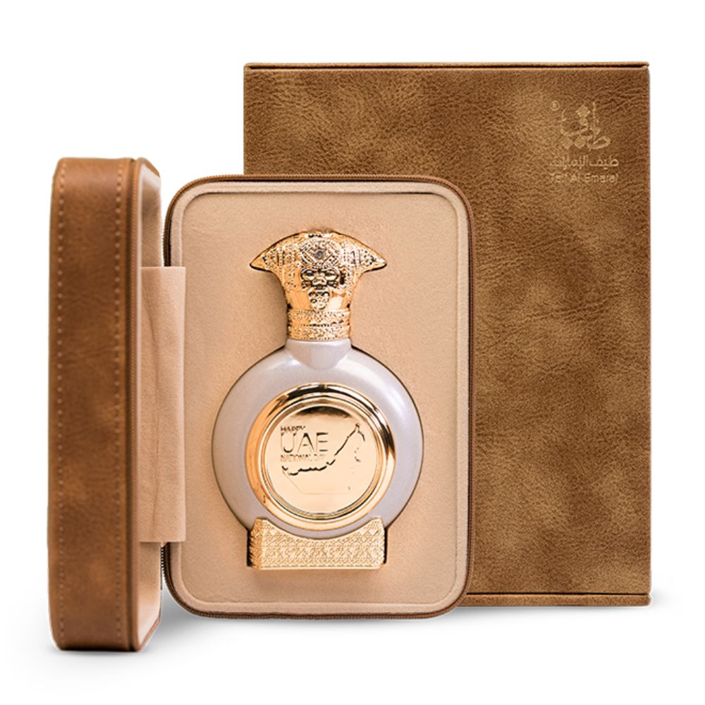 An EDP 75mL bottle of Emirates Land perfume by Taif Al Emarat in its open leather box