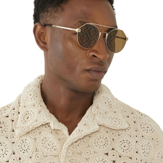 Fendi Men's Double Bridge Round Sunglasses with Crystal Monogram & Tonal Lenses