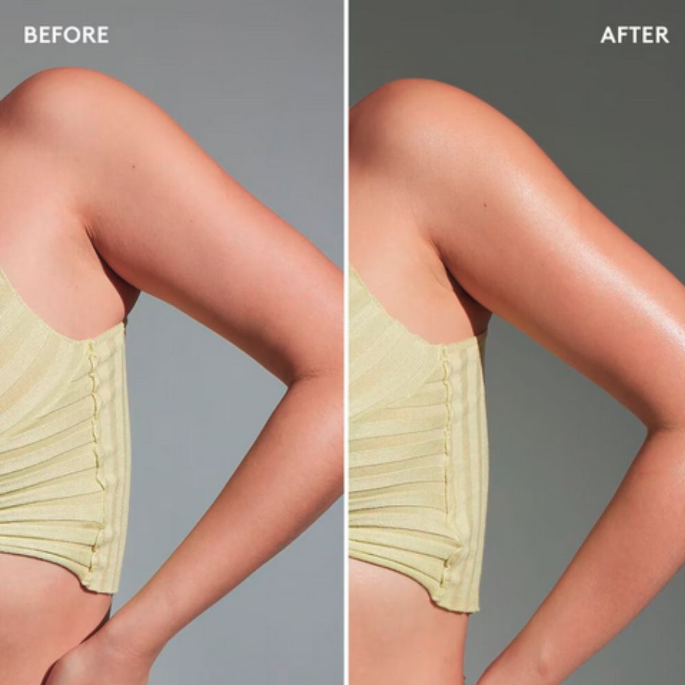A side-by-side "BEFORE" and "AFTER" comparison showing a person's arm and torso. In the "BEFORE" image on the left, the skin on the arm appears less hydrated. In the "AFTER" image on the right, the skin on the arm has a noticeable sheen, suggesting it is moisturized and glowing from the application of FENTY SKIN Butta Drop Body Milk.