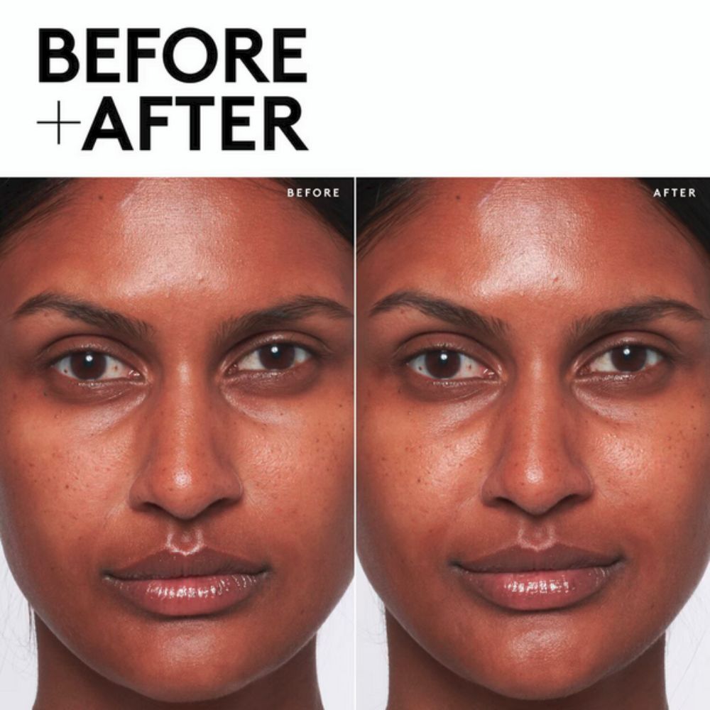 A split image showing a "BEFORE + AFTER" comparison of a person's face after using FENTY SKIN Cherry Dub Blah 2 Bright 5% AHA Face Mask. The "BEFORE" image on the left shows skin with some visible texture and a slightly less even tone. The "AFTER" image on the right shows noticeably brighter, smoother skin with a more radiant and even complexion.