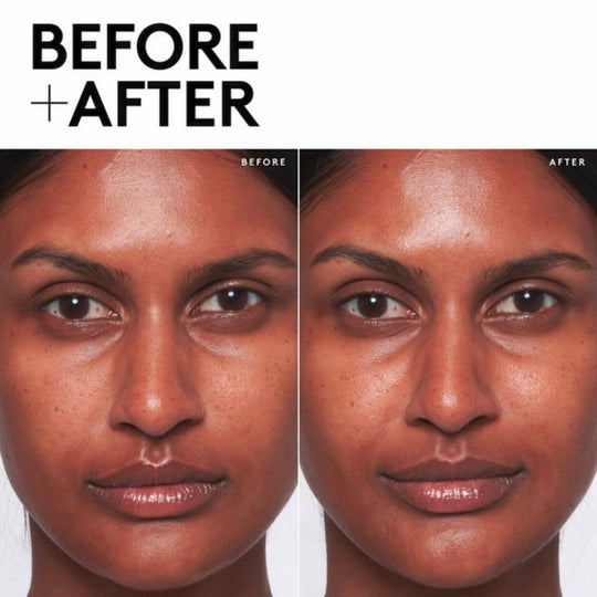 A split image showing a "BEFORE + AFTER" comparison of a person's face after using FENTY SKIN Cherry Dub Blah 2 Bright 5% AHA Face Mask. The "BEFORE" image on the left shows skin with some visible texture and a slightly less even tone. The "AFTER" image on the right shows noticeably brighter, smoother skin with a more radiant and even complexion.