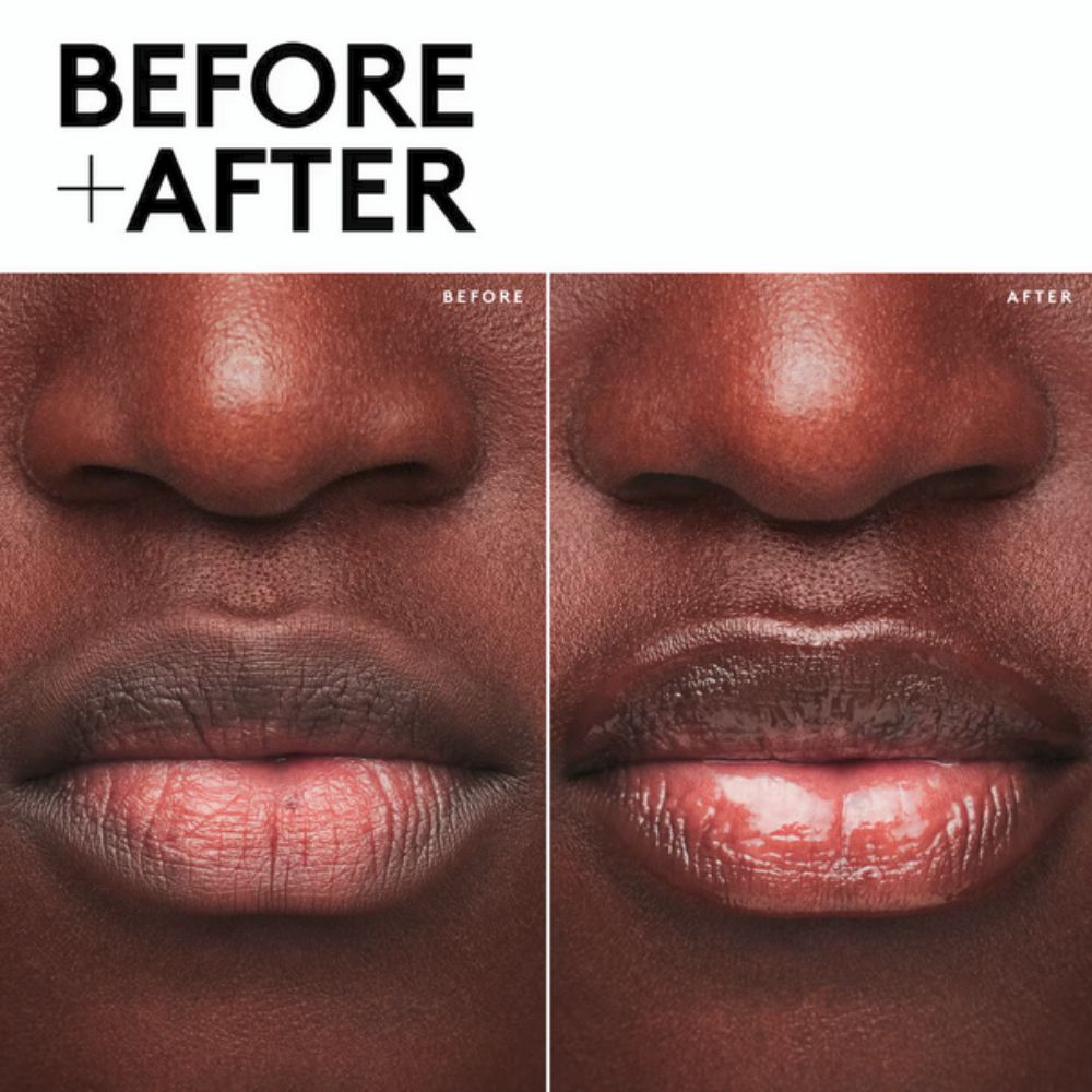 "Before and After" comparison showing the hydrating and plumping effects of FENTY SKIN Fenty Treatz Hydrating + Strengthening Lip Oil on lips. The 'Before' image shows dry, less defined lips, while the 'After' image shows lips that appear smoother, more hydrated, and visibly plumper with a glossy finish.