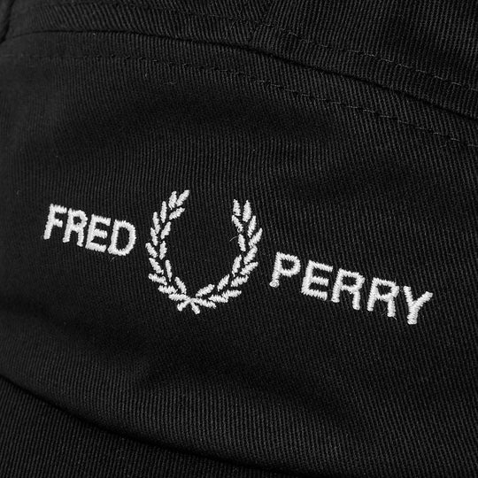 Close up view of embroidery on Fred Perry Five-Panel Cotton Twill Black Cap
