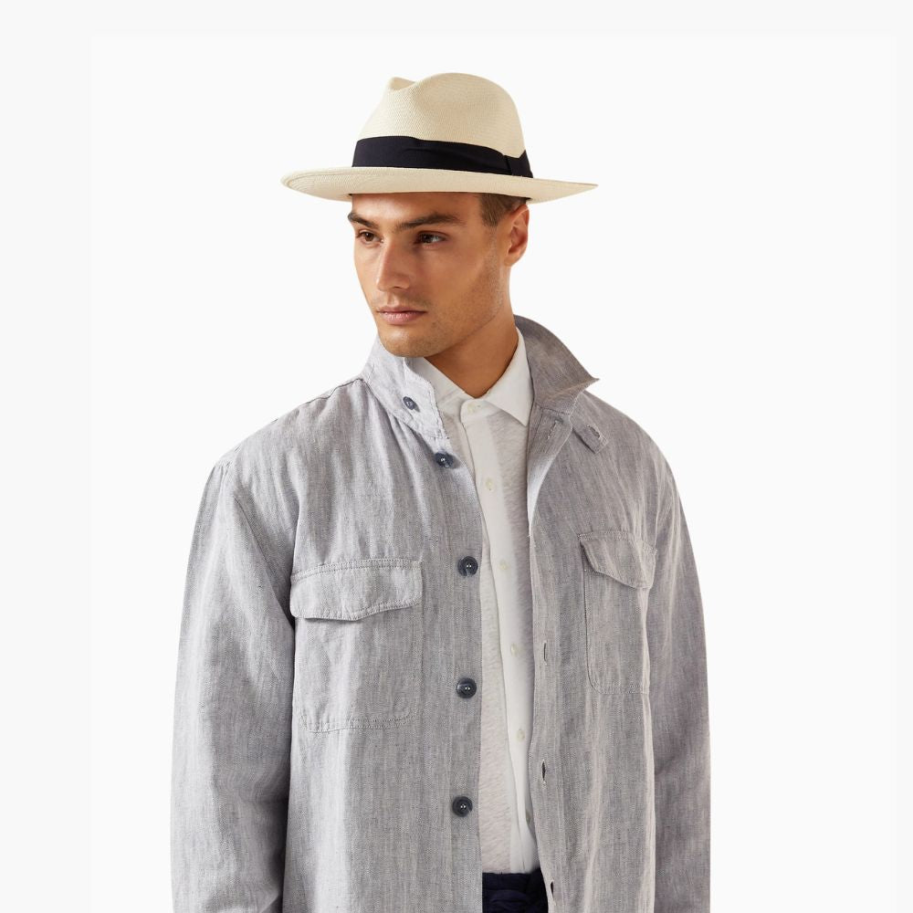 A model wearing Frescobol Carioca Breathable Toquilla Straw Rafael Panama Hat