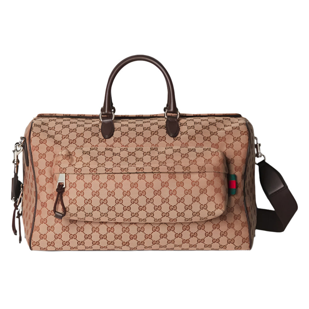 Gucci GG Canvas Duffle Bag with Web - Beige and Dark Brown