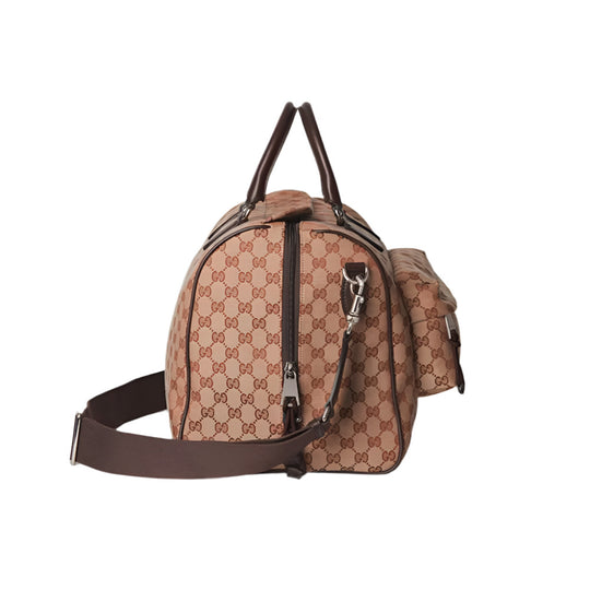 Side view of Gucci GG Canvas Duffle Bag with Web - Beige and Dark Brown