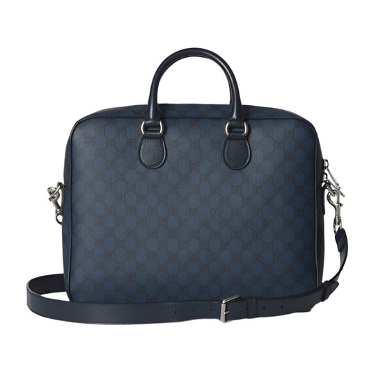 Rear view of GUCCI Blue and Dark Blue GG Supreme Canvas Ophidia Medium Briefcase