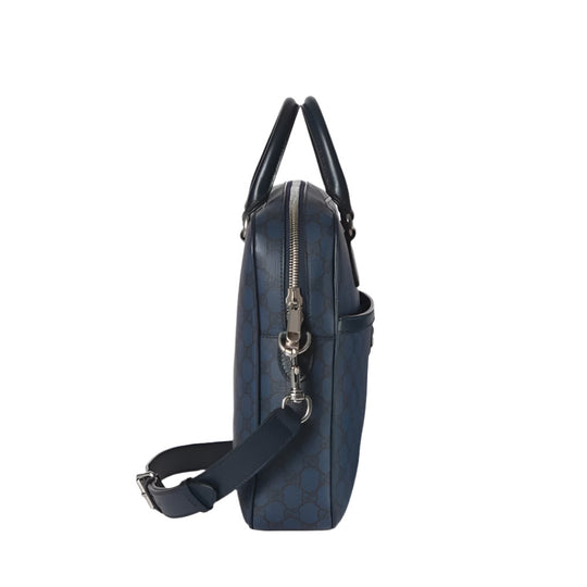 Side view of GUCCI Blue and Dark Blue GG Supreme Canvas Ophidia Medium Briefcase