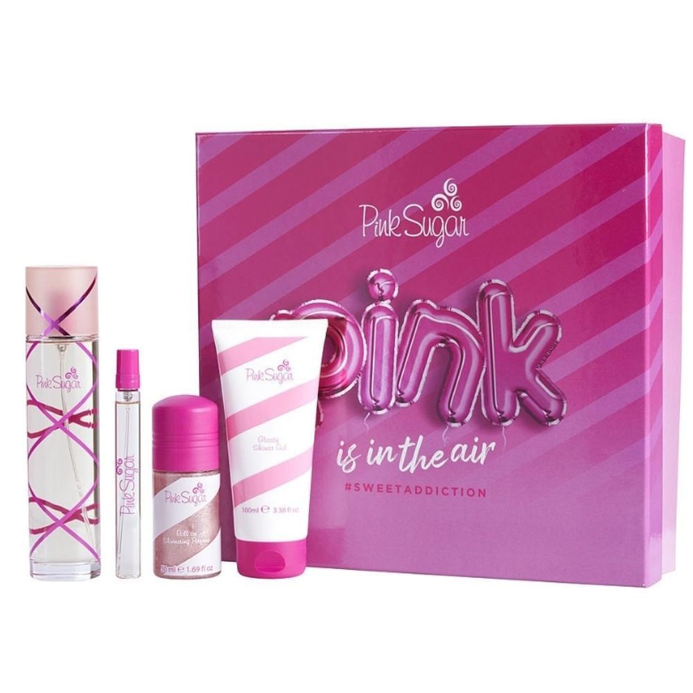 Gift Set Aquolina Pink Sugar Pink is in the Air for Women EDT 100mL with Shimmering Roll-on 50mL and EDT 10mL along with Shower Gel 100mL