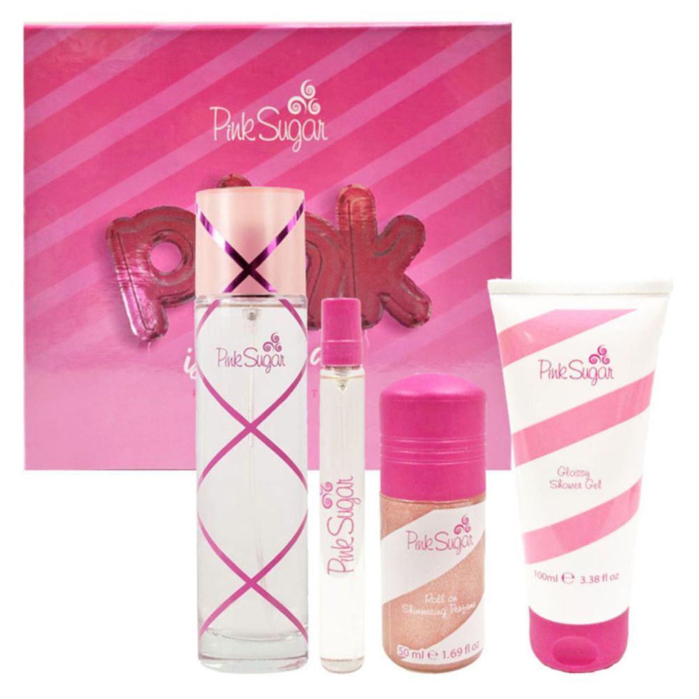 Gift Set Aquolina Pink Sugar Pink is in the Air for Women EDT 100mL with Shimmering Roll-on 50mL and EDT 10mL along with Shower Gel 100mL