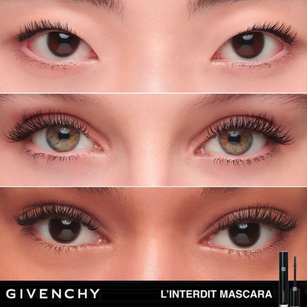 Three sets of eyes are shown in a stacked format, demonstrating the effect of Givenchy L'Interdit Mascara.